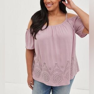 Torrid Challis Cold Shoulder Blouse Eyelet Trim Elderberry Purple 3X